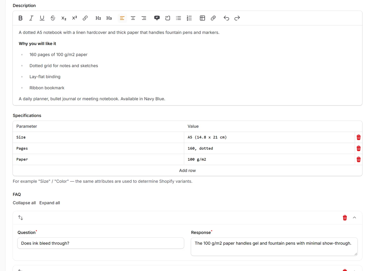 Product page with an AI-written description, specifications and FAQ