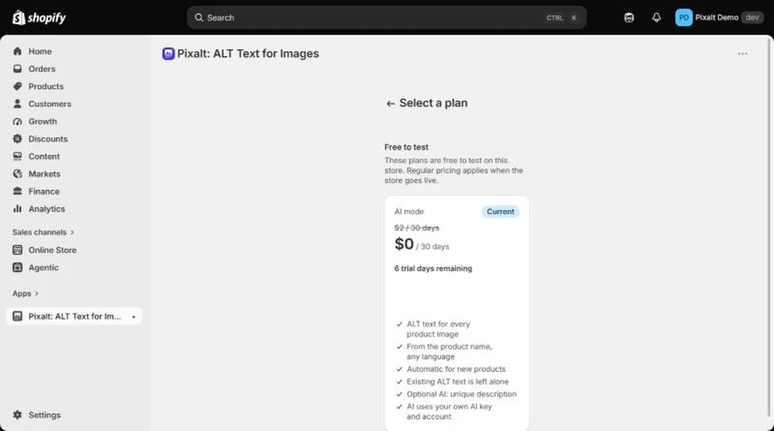 Shopify plan page showing the current Pixalt plan and trial days remaining